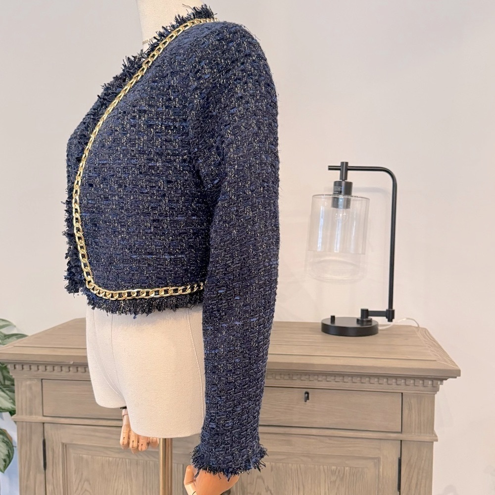 NWOT Christian Lacroix Navy and Gold Metallic Tweed Cropped Blazer | Small - Picture 8 of 13